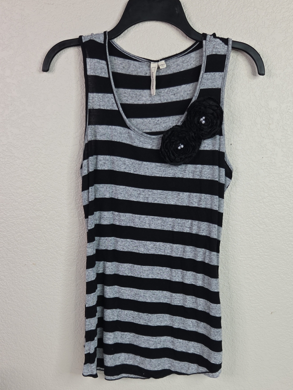 Susan Lawrence Black & Gray Striped Scoop Neck Tank with Floral Rosettes